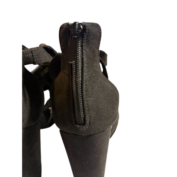 Black Suede Ankle Tie Strappy Block Heel Sandals Back Zipper Closure Size 8WW - Picture 4 of 9